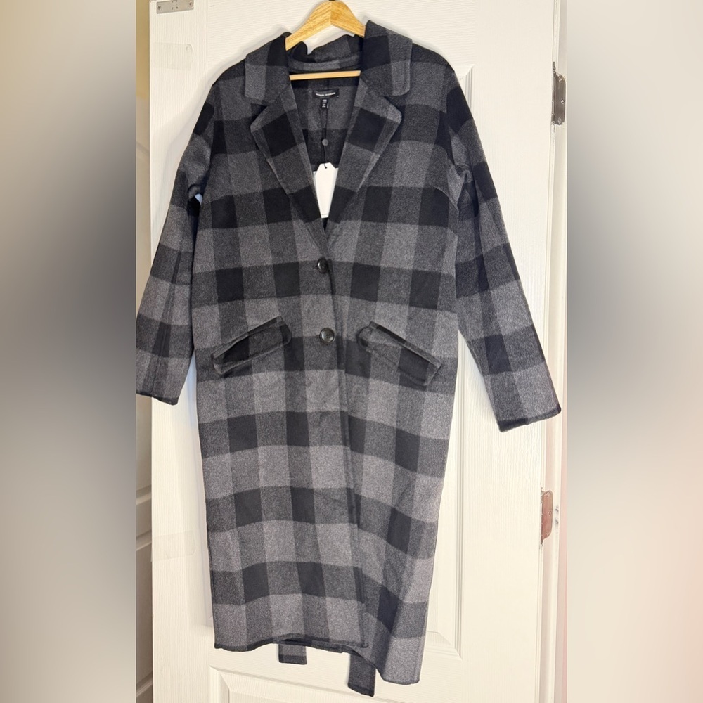 Universal Standard Wool Blend Plaid Long Coat 4XS Black Gray Buffalo Check